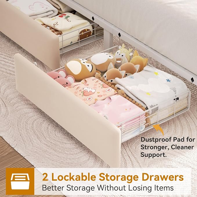 Twin Upholstered LED Bed Frame with 2 Storage Drawers and 2-Tier Storage Bookcase Headboard, Velvet Princess Platform Bed for Kids/Girls/Boys, Heavy Duty Metal Support, No Box Spring Needed, Beige