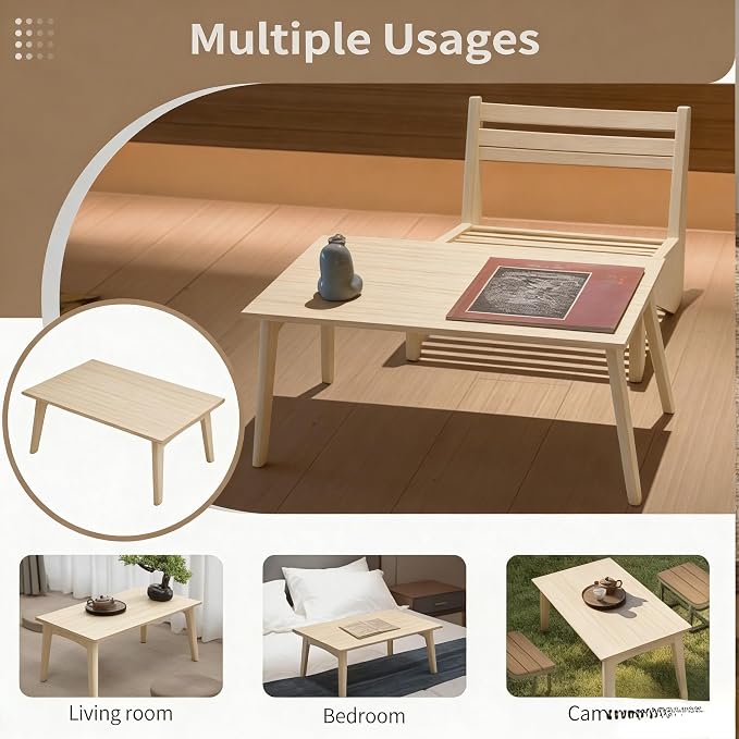 Bamboo Coffee Table Foldable Japanese Floor Desk Folding Low Tea Table No Assembly 26x16x12in Portable Bedroom Living Room Furniture for Dining Working Studing Relaxing (Natural Wood, Large)