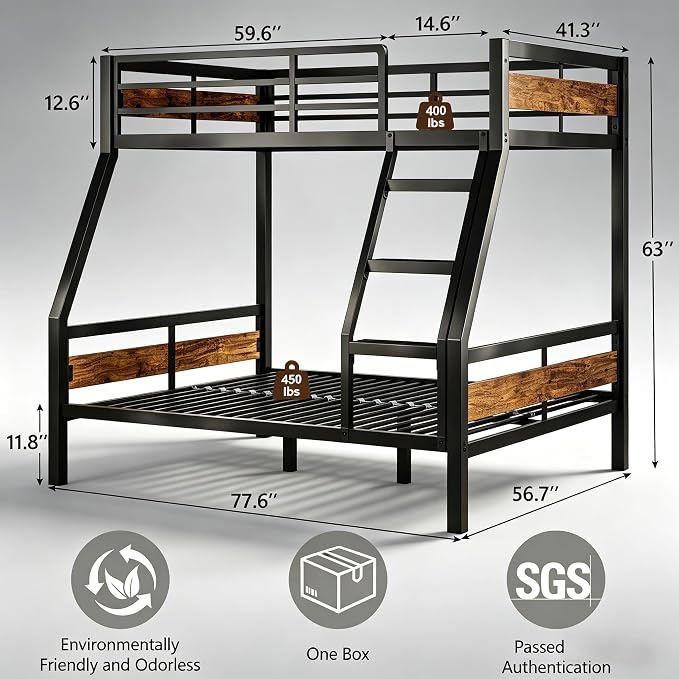 Bunk Bed Twin Over Full, Heavy Duty Metal Bunkbeds with Full-Length Guardrail, Space-Saving Steel Bed for Kids & Adults, No Box Spring Required, Rustic Brown
