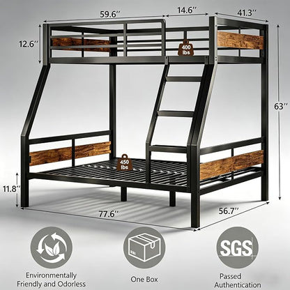 Bunk Bed Twin Over Full, Heavy Duty Metal Bunkbeds with Full-Length Guardrail, Space-Saving Steel Bed for Kids & Adults, No Box Spring Required, Rustic Brown