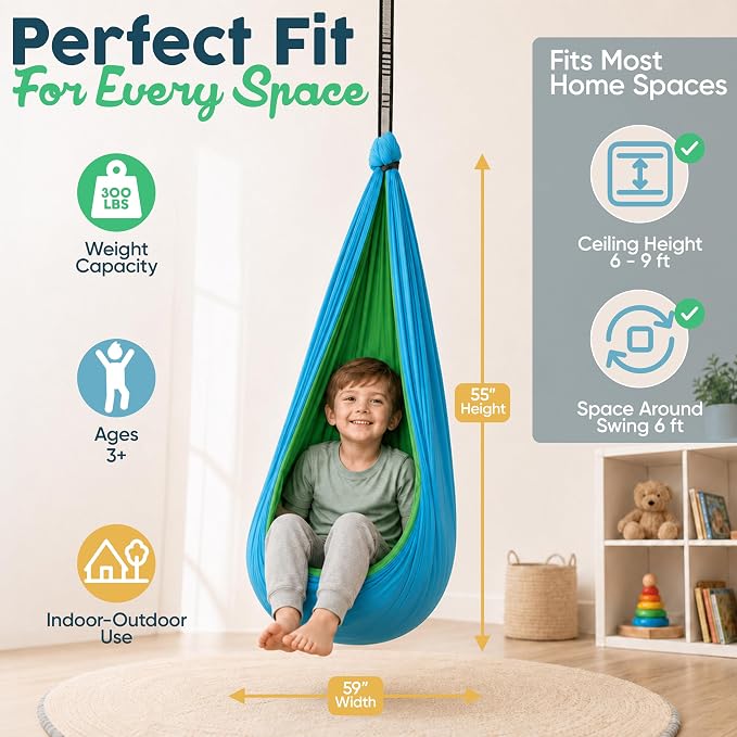Sensory Swing for Kids Indoor Outdoor - Calming Cocoon Therapy Swing, Holds 300lbs - Hug-Like Sensory Hammock with 360° Swivel Hardware for Autism, ADHD, SPD Support