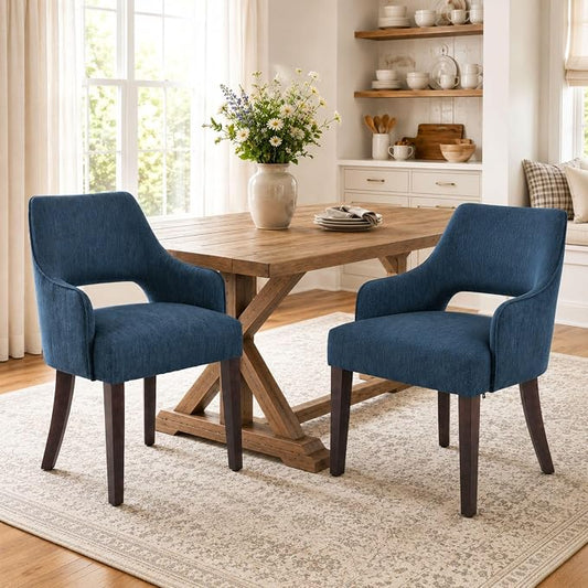 Linen Upholstered Dining Chairs Set of 2 with Arms | Blue linen fabric, breathable upholstery, curved backrest, cushioned seat, solid wood legs, farmhouse style for dining room