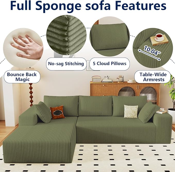 96" Modular Sectional Sofa, Modern Corduroy Cloud Couch with Deep Seat, Boneless Couch Upholstered 3-Seater L-Shaped Sofa for Living Room, No Assembly Required (Green, Left-Facing Chaise)