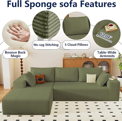 96" Modular Sectional Sofa, Modern Corduroy Cloud Couch with Deep Seat, Boneless Couch Upholstered 3-Seater L-Shaped Sofa for Living Room, No Assembly Required (Green, Left-Facing Chaise)