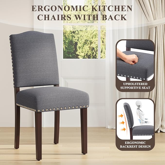 Upholstered Parsons Dining Chairs Set of 4, Modern Dining Room Chairs with Back, Fabric Kitchen Side Chairs with Wood Legs, Nailhead Trim for Dinner Farmhouse Restaurant, Darkgrey