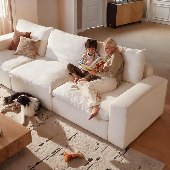 Modular Cloud Sofa, 113.8" Cloud Sectional Couches with Deep Seat, 3-Seat Couch for Living Room, Modern Comfy Couch with Washable Cover, Wide Armrest (White)