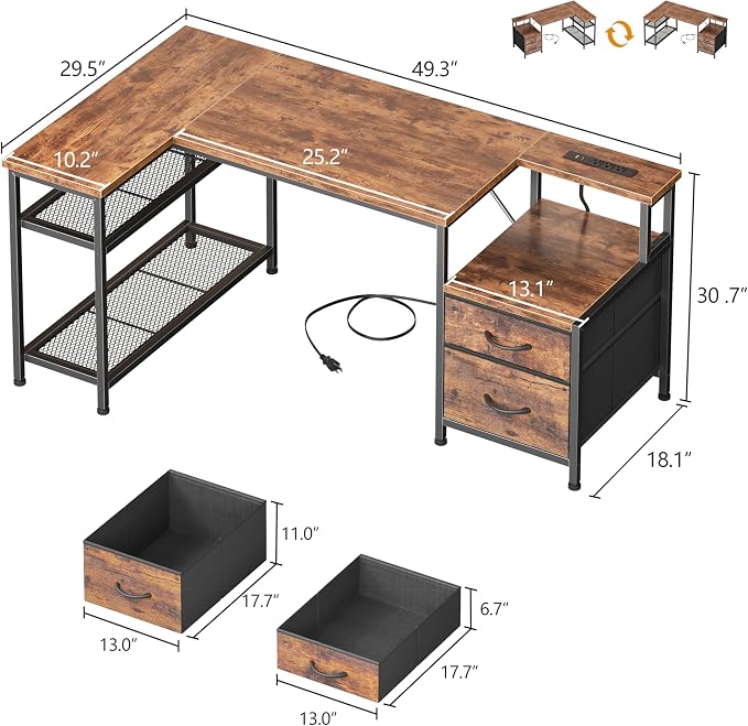 Korfile 49 Inch L Shaped Gaming Desk with Power Outlets and Type-C Port, Reversible Computer Office Desk with 2 Fabric Drawers & Mesh Shelves, Corner Desk for Study Work Writing Desk,Rustic Brown