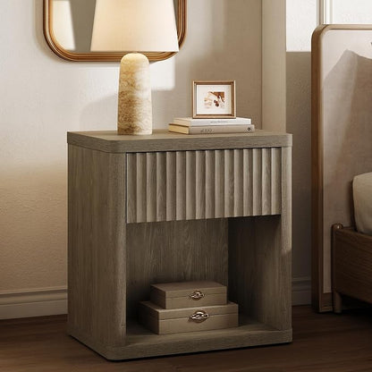 SICOTAS Night Stand Nightstand with Drawer Storage Fluted Bed Side Table End Table Large Modern Wide Bedside Stand Mid Century Night Stands for Bedroom Living Room Sofa Couch Home Office, Grey Alder