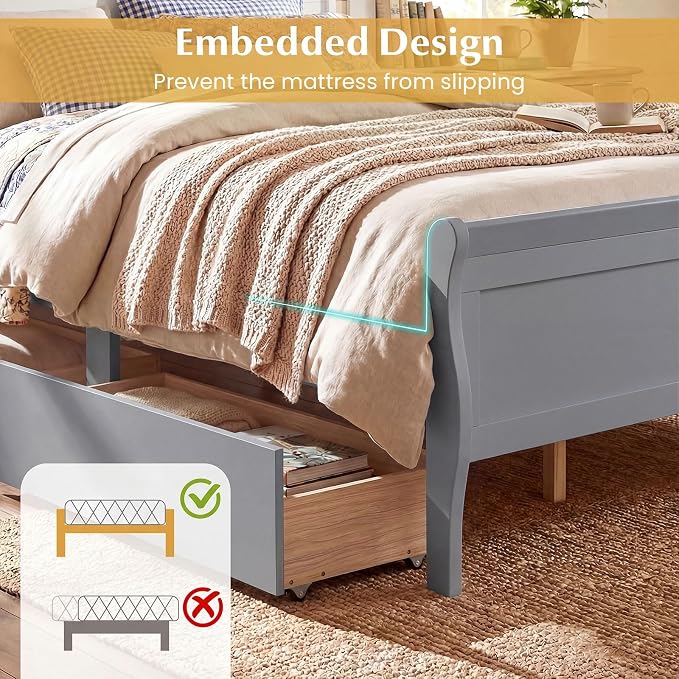 Giantex Queen Bed Frame with 2 Storage Drawers, Wood Platform Bed w/Headboard & Footboard, Wooden Slats Support Mattress Foundation, Sleigh Bedframe for Teens Adults, No Box Spring Needed (Grey)