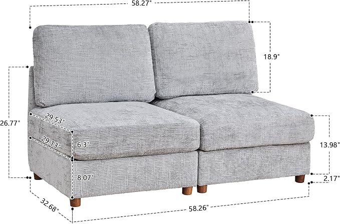 ORRD Modern Chenille Middle Armless Sofa Seat Set of 2 for Modular Sectional Couch for Living Room, Grey