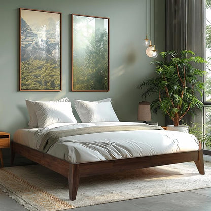 Acacia Mervyn Queen Bed Frame Solid Wood Platform Bed, 800 lbs Capacity Signature Mid Century Wood Bed Compatible with All Mattress Types, 30 Mins Assembly, Bed Frame Queen Size, Chocolate