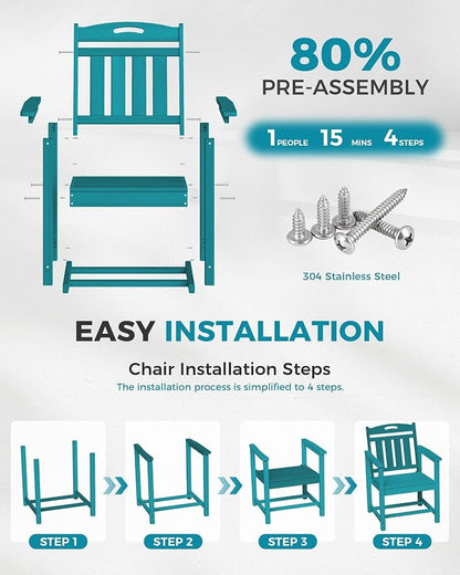 Ciokea HDPE Outdoor Patio Dining Chairs Set of 2, All-Weather Porch Chair with Wide Seat, Durable Outdoor Furniture for Backyard, Garden, Lawn & Poolside, Lake Blue
