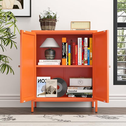 Metal Accent Storage Cabinet for Bedroom, LivingRoom, Office,Kitchen- Metal Locker Cabinet with 1 Adjustable Shelves-Bathroom Floor Storage Cabinet Freestanding Organizer (Square Door, orange)
