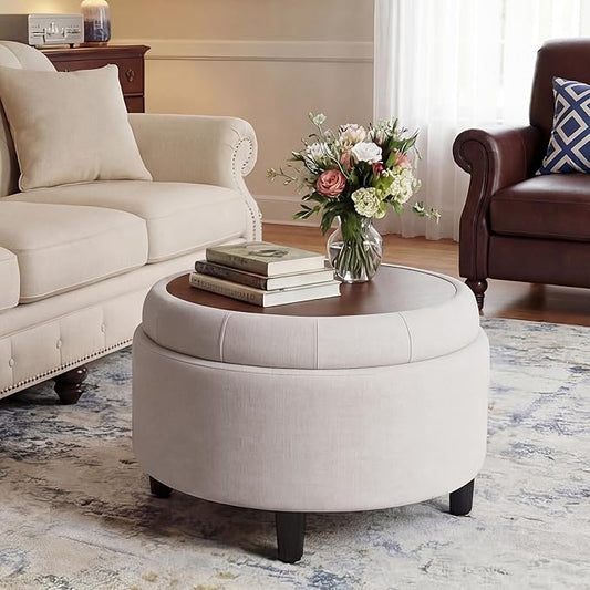 COLAMY Round Hidden Storage Ottoman with Reversible Tray Lid – Multi-Functional Footrest, Sturdy & Stylish Fabric Coffee Table for Living Room, Bedroom, or Entryway, Beige