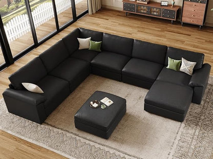 EASE MOOSE Faux Leather Sectional Couch with Ottoman, Oversized Modular Sofa, Vintage Comfy Modular Couch, Scratch Resistant Material Sofas, U Shaped Couch for Living Room, Black