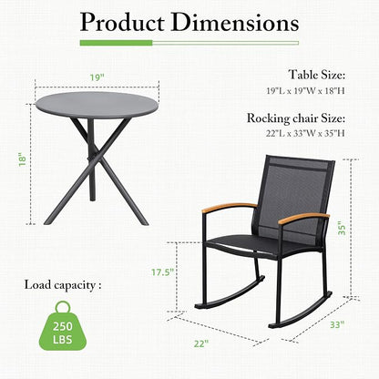 Shintenchi 3 Pieces Patio Rocking Bistro Sets,Outdoor Textilene Fabric Conversation Bistro Set,Front Porch Rocker Chairs Small Patio Furniture Set with Table for Lawn,Garden,Balcony(Black)