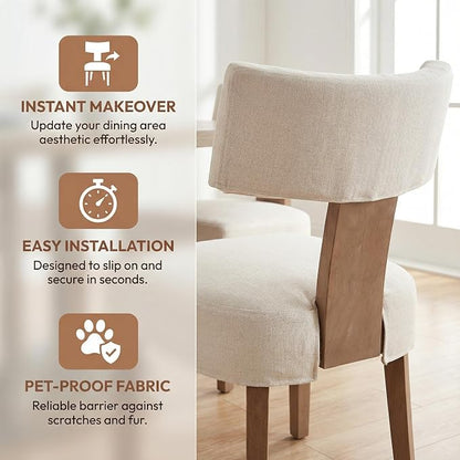 HNY Mid Century Modern Dining Chairs Set of 6 with Seat Covers, Farmhouse Linen Fabric Upholstered Accent Chairs Curved Backrest Kitchen Chairs, with Hardwood Frame, Beige