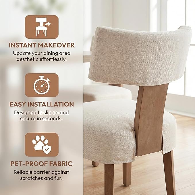 HNY Mid Century Modern Dining Chairs Set of 4 with Seat Covers, Farmhouse Linen Fabric Upholstered Accent Chairs Curved Backrest Kitchen Chairs, with Hardwood Frame, Beige