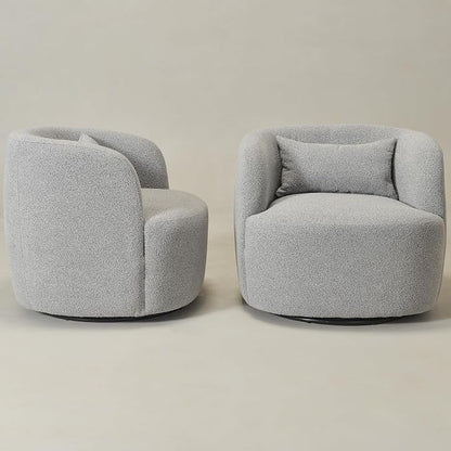 KINWELL 34" Wide Sherpa Swivel Barrel Chairs Set of 2, No Assembly Round Boucle Upholstered Accent Chairs Armchairs Single Sofa Chair with Toss Pillow for Living Room and Bedroom, Gray