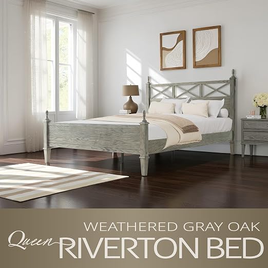 Queen Size Platform Bed Frame with Solid Wood Headboard & Footboard, Metal Legs, 12 Durable Slatted Base, No Box Spring Needed, Easy Assembly, Noise-Free & Anti-Slip, Weathered Gray Oak Finish RIQ-34