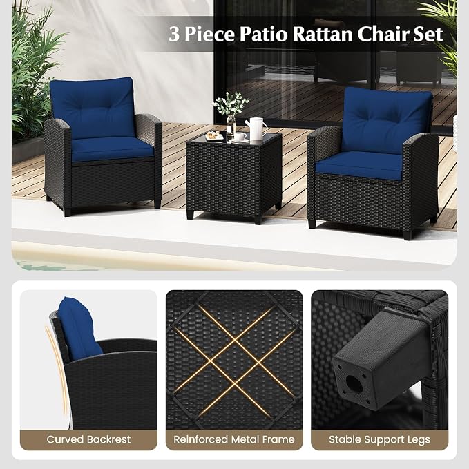 Tangkula 3 Piece Patio Furniture Set, Rattan Conversation Set w/Soft Seat & Back Cushions, Tempered Glass Topped Coffee Table, Cushioned Wicker Seating Set for Backyard, Porch, Poolside