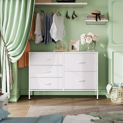 WLIVE White Dresser for Bedroom with 5 Drawers, Fabric Dresser for Living Room, Wide Chest of Drawers for Bedroom, Closet, Hallway, White