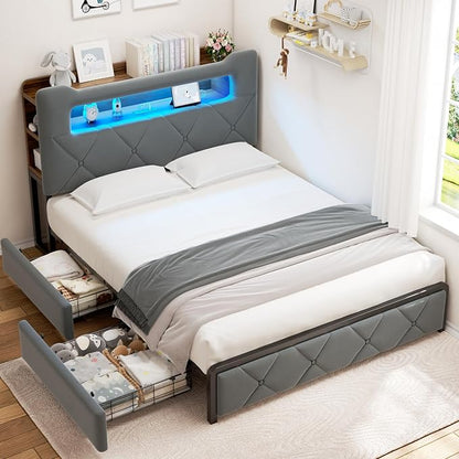 Queen Upholstered LED Bed Frame with 2 Storage Drawers and 2-Tier Storage Headboard, Velvet Platform Bed with Charging Station & Bookcase, Heavy Duty Metal Support, No Box Spring Needed, Grey
