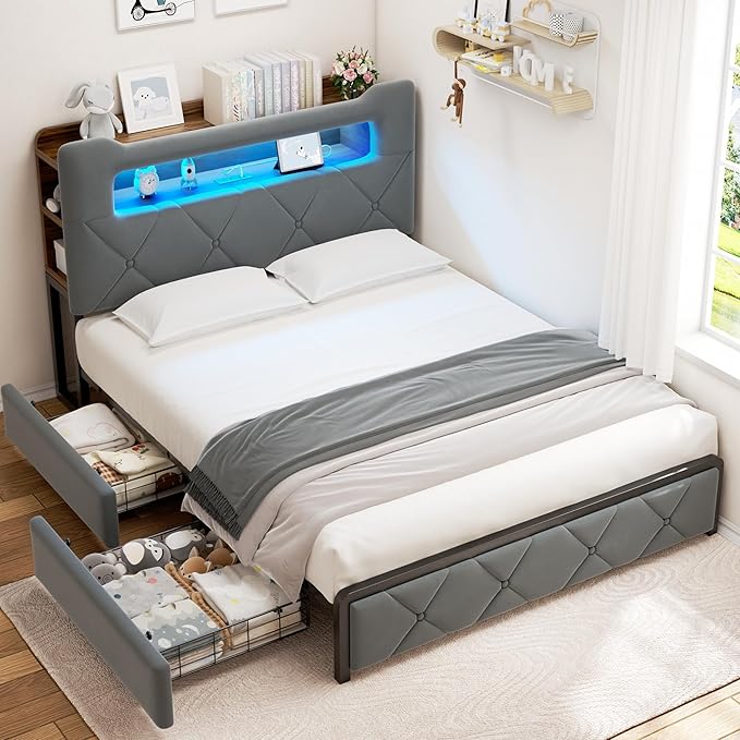 Jocoevol Full Upholstered LED Bed Frame with 2 Storage Drawers and 2-Tier Storage Headboard, Velvet Platform Bed with Charging Station & Bookcase, Heavy Duty Metal Support, No Box Spring Needed, Grey