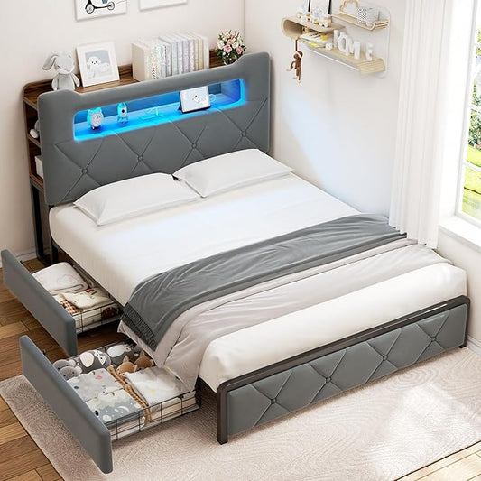 Jocoevol Full Upholstered LED Bed Frame with 2 Storage Drawers and 2-Tier Storage Headboard, Velvet Platform Bed with Charging Station & Bookcase, Heavy Duty Metal Support, No Box Spring Needed, Grey