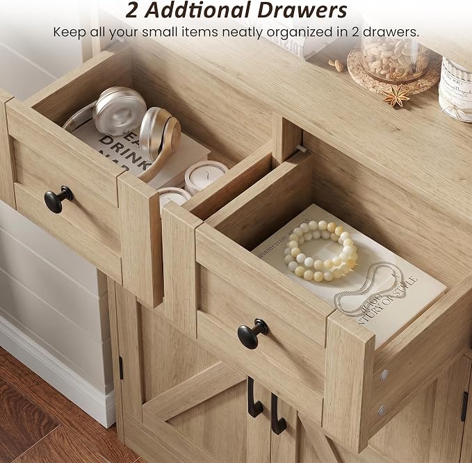 Befrases Natural Wood Storage Cabinet with Drawers and Shelves, Standing Kitchen Pantry Cabinet, Floor Storage Cabinet Hutch Cupboard, Coffee Bar Station for Dining Living Room Home Office