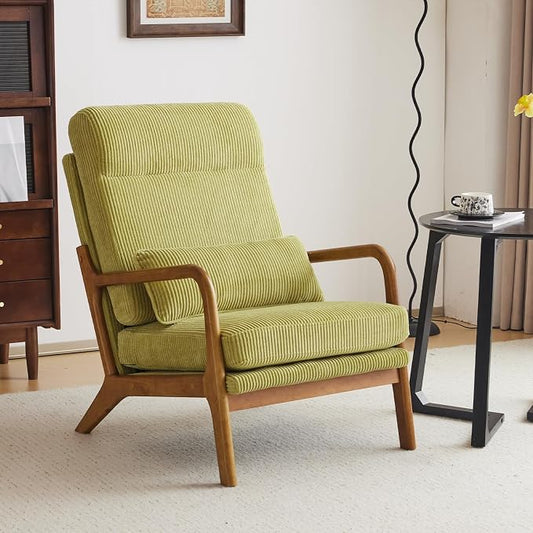 Karl home Accent Chair High Back Mid-Century Modern, Green | Corduroy Upholstered, Walnut Color Solid Rubber Wood Frame, Soft Cushion with Pillow, For Living Room, Bedroom, Balcony