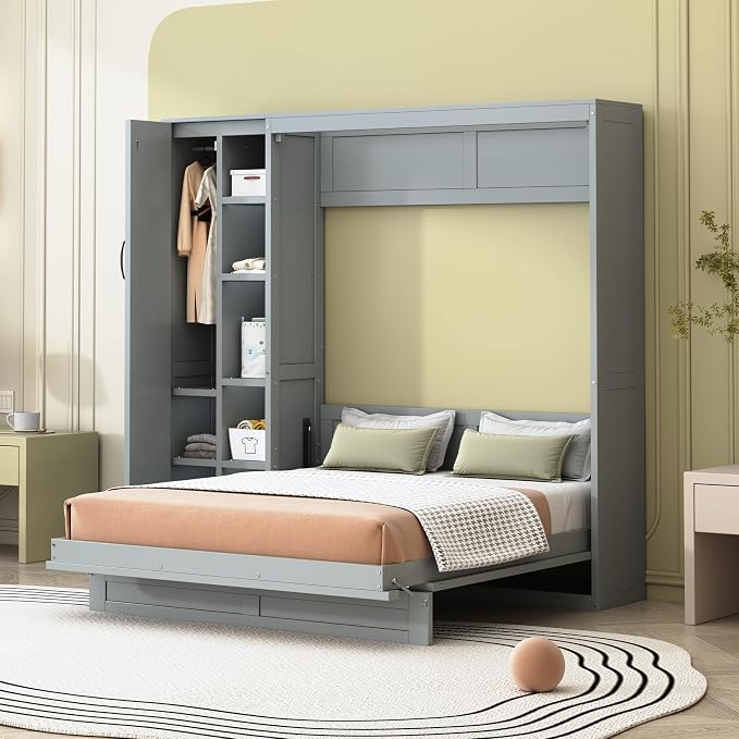 Merax Full Size Murphy Bed Wall Bed with Shelves, Drawers and LED Lights,Gray