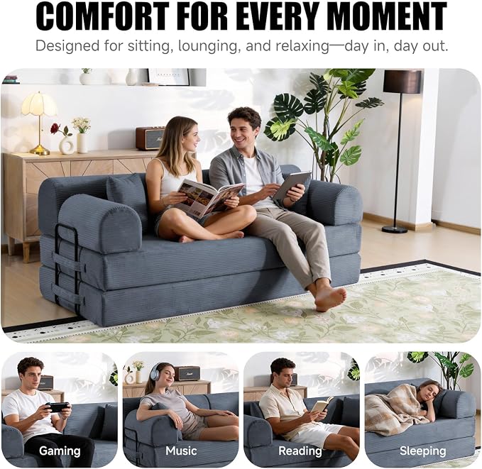 78.8" Boneless Memory Foam Couch, Corduroy Convertible Floor Sofa Bed, Fold-Out Sleeper Futon Loveseat, Wide Armrests & Supportive Back, 1200 lb, Couch in a Box, 2 Pillows, Dark Grey