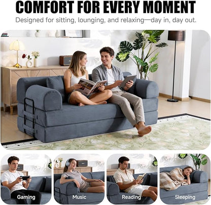 78.8" Boneless Memory Foam Couch, Corduroy Convertible Floor Sofa Bed, Fold-Out Sleeper Futon Loveseat, Wide Armrests & Supportive Back, 1200 lb, Couch in a Box, 2 Pillows, Dark Grey