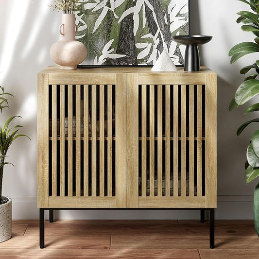 BVIUNTWO Buffet Cabinet with Storage,31.5" Farmhouse Console Table with Metal Base and Adjustable Shelf,Sideboard Coffee Bar Cabinet with 2 Doors for Kitchen,Dining Room,Living Room,Oak