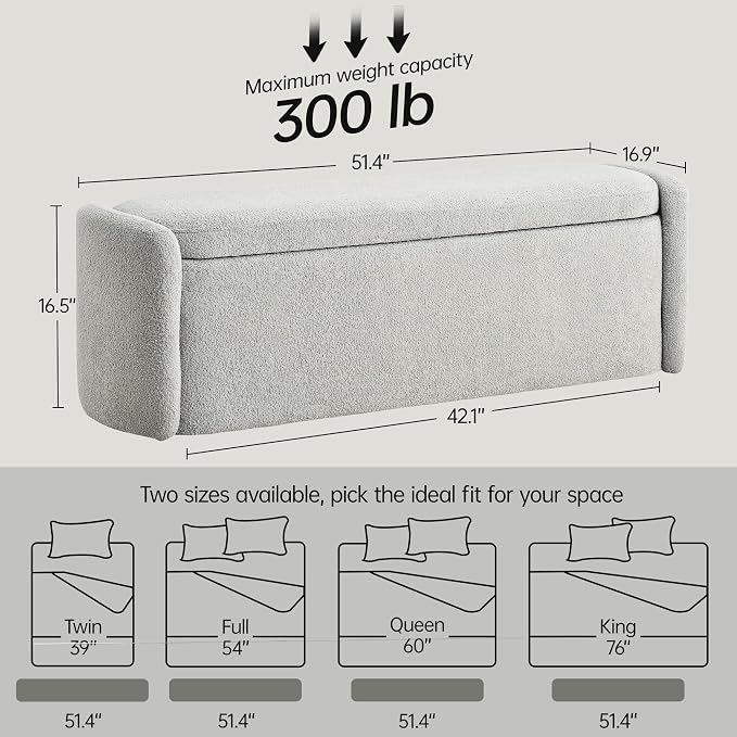 VKNOW 51" Storage Ottoman Bench, Upholstered End of Bed Bench with Smooth Hinges, Oval Large Ottoman Bench for Bedroom, Living Room and Hallway Entryway, Grey