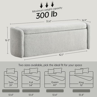 VKNOW 51" Storage Ottoman Bench, Upholstered End of Bed Bench with Smooth Hinges, Oval Large Ottoman Bench for Bedroom, Living Room and Hallway Entryway, Grey