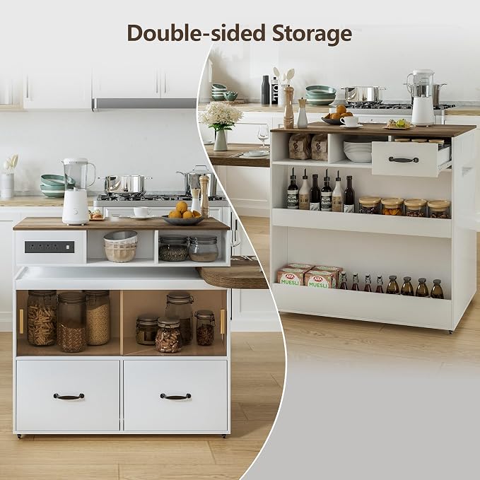Kitchen Islands with Extendable Dining Table Rolling Islands Power Outlet Mobile Storage Islands Cart on Wheels with Drawers and 2 Side Open Shelves for Dining Room, White