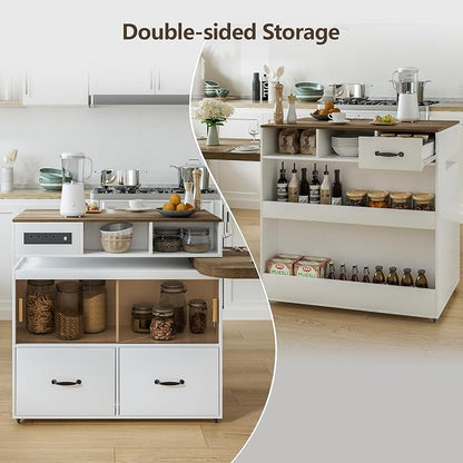 Kitchen Islands with Extendable Dining Table Rolling Islands Power Outlet Mobile Storage Islands Cart on Wheels with Drawers and 2 Side Open Shelves for Dining Room, White