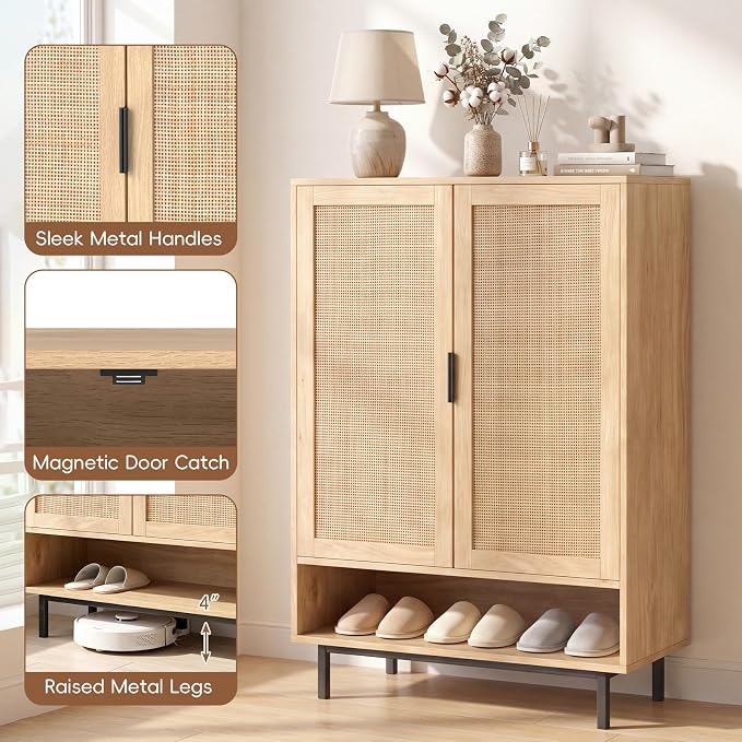 LOKO Shoe Storage Cabinet with 2 Doors, 6-Tier Rattan Shoe Organizer with Adjustable Shelves & Open Compartment, Freestanding Hidden Shoe Cabinet for Entryway, Closet & Living Room (Natural)
