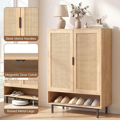 LOKO Shoe Storage Cabinet with 2 Doors, 6-Tier Rattan Shoe Organizer with Adjustable Shelves & Open Compartment, Freestanding Hidden Shoe Cabinet for Entryway, Closet & Living Room (Natural)