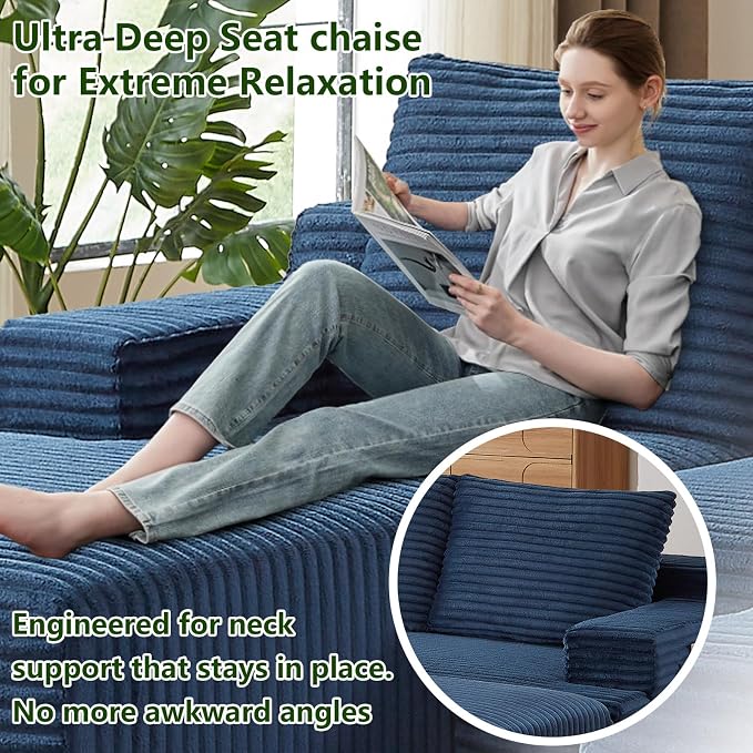 96" Modular Sectional Sofa, Modern Corduroy Cloud Couch, Boneless Couch Upholstered 3-Seater L-Shaped Sofa for Living Room, No Assembly Required (Blue, Left-Facing Chaise)