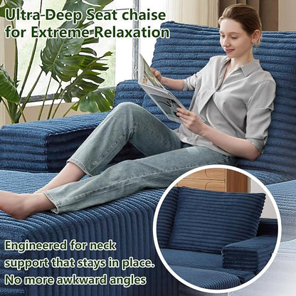 96" Modular Sectional Sofa, Modern Corduroy Cloud Couch, Boneless Couch Upholstered 3-Seater L-Shaped Sofa for Living Room, No Assembly Required (Blue, Left-Facing Chaise)