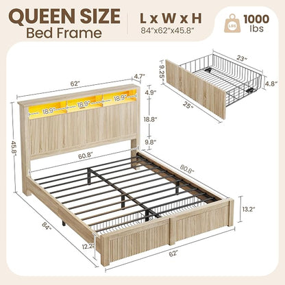 CypBed Queen Size Bed Frame with Headboard and Storage Drawers, Queen Bed Frame with LED Light and Charging Port, Farmhouse Wavy Design, Wood & Metal Platform, Noise-Free, No Box Spring Needed, Wood