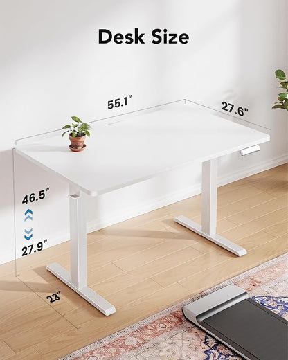 HUANUO Electric Standing Desk,53" x 28" Height Adjustable Desk, 4 Memory Height Settings, Sit to Stand Up Desk for Home Office, with Headphone Hook, Cable Manager, White