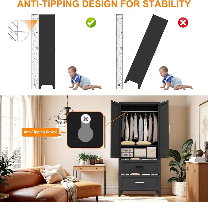 71" Tall Black Metal Storage Cabinet with 2 Doors, 2 Drawers, Interior Rail and Adjustable Shelf, Freestanding Utility Cabinet for Office, Laundry Room, Entryway, Garage and Home Storage