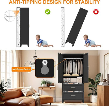 71" Tall Black Metal Storage Cabinet with 2 Doors, 2 Drawers, Interior Rail and Adjustable Shelf, Freestanding Utility Cabinet for Office, Laundry Room, Entryway, Garage and Home Storage