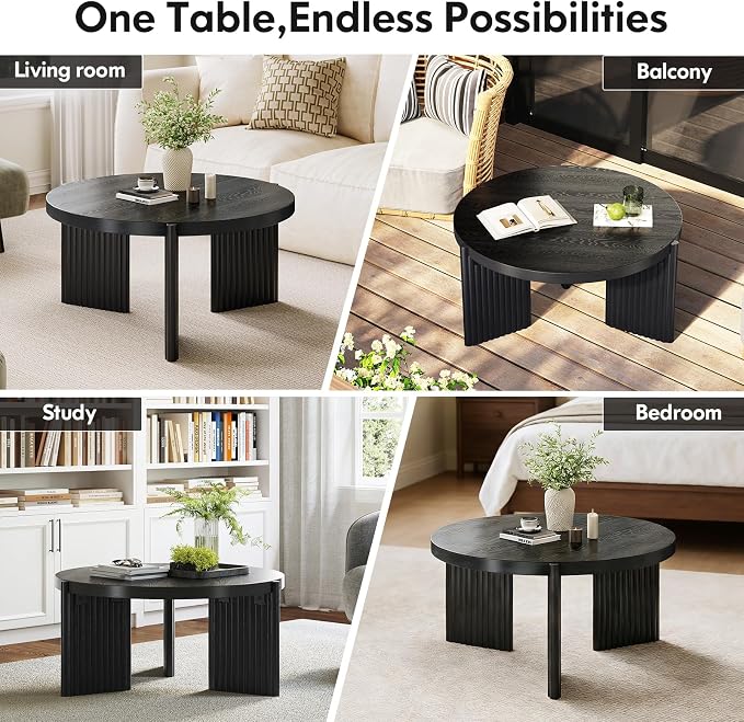 Luoxiao Round Coffee Table for Living Room, 31.5" Black Fluted Coffee Table | Modern Wood Accent Table with Ribbed Base, Sturdy for Family, Apartments, Sectionals, Easy Assembly, Non-Slip Foot Pads