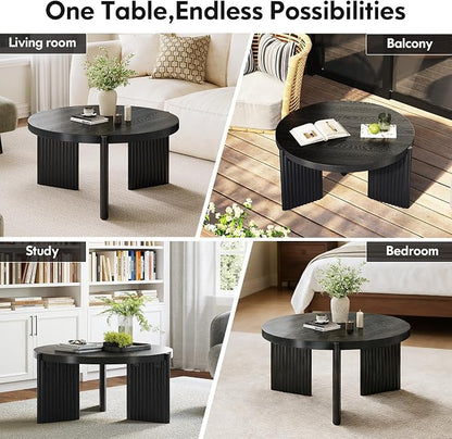 Luoxiao Round Coffee Table for Living Room, 31.5" Black Fluted Coffee Table | Modern Wood Accent Table with Ribbed Base, Sturdy for Family, Apartments, Sectionals, Easy Assembly, Non-Slip Foot Pads