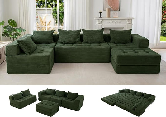 MAXYOYO Modular Sectional Sofa Couch, Foldable U Shaped Cloud Couch with Pillows, Tufted 6-Seat Boneless Sofa Lounger for Living Room, No Assembly Required, Dark Green